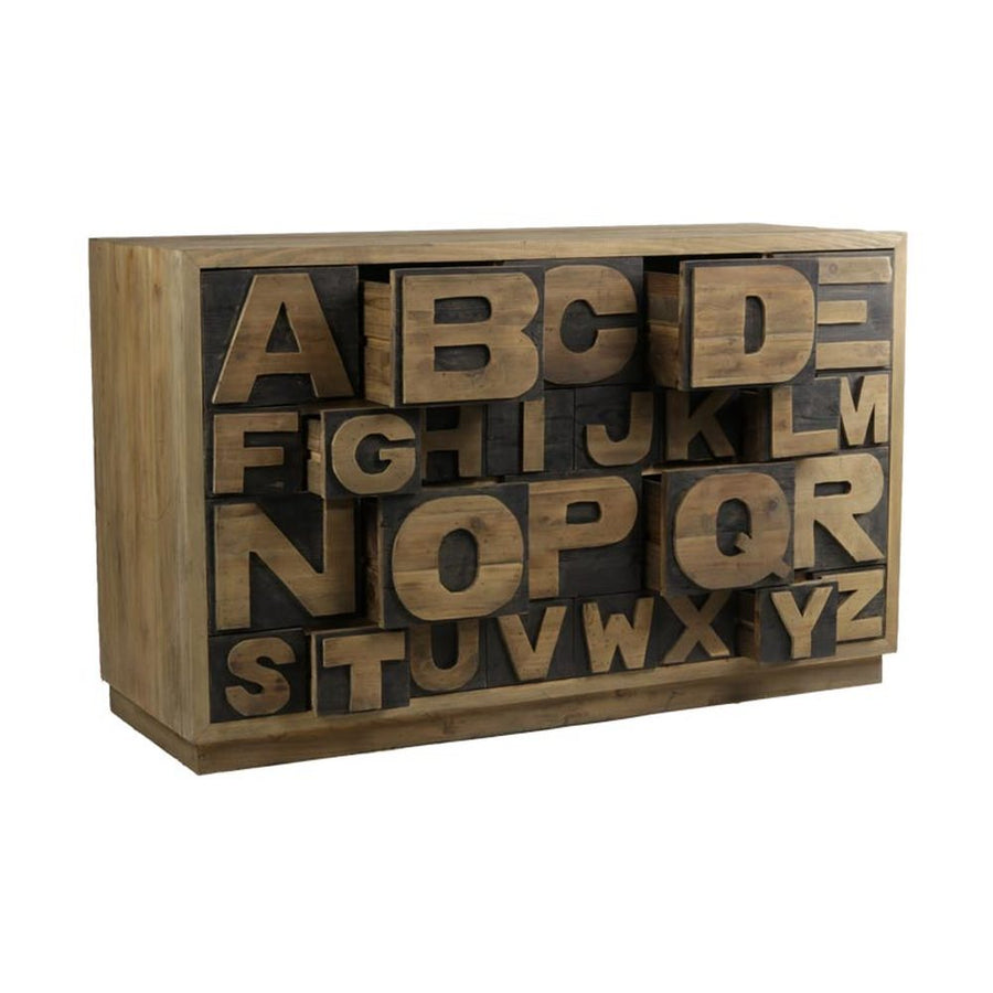 Loft stílusú, fenyőfából készült, 26 fiókos komód, melyeket az angol ábécé betűi díszítenek.