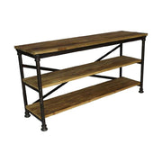 Loft stílusú fenyőfából készült polcos konzolasztal fém szerkezeten.