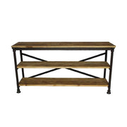 Loft stílusú fenyőfából készült polcos konzolasztal fém szerkezeten.