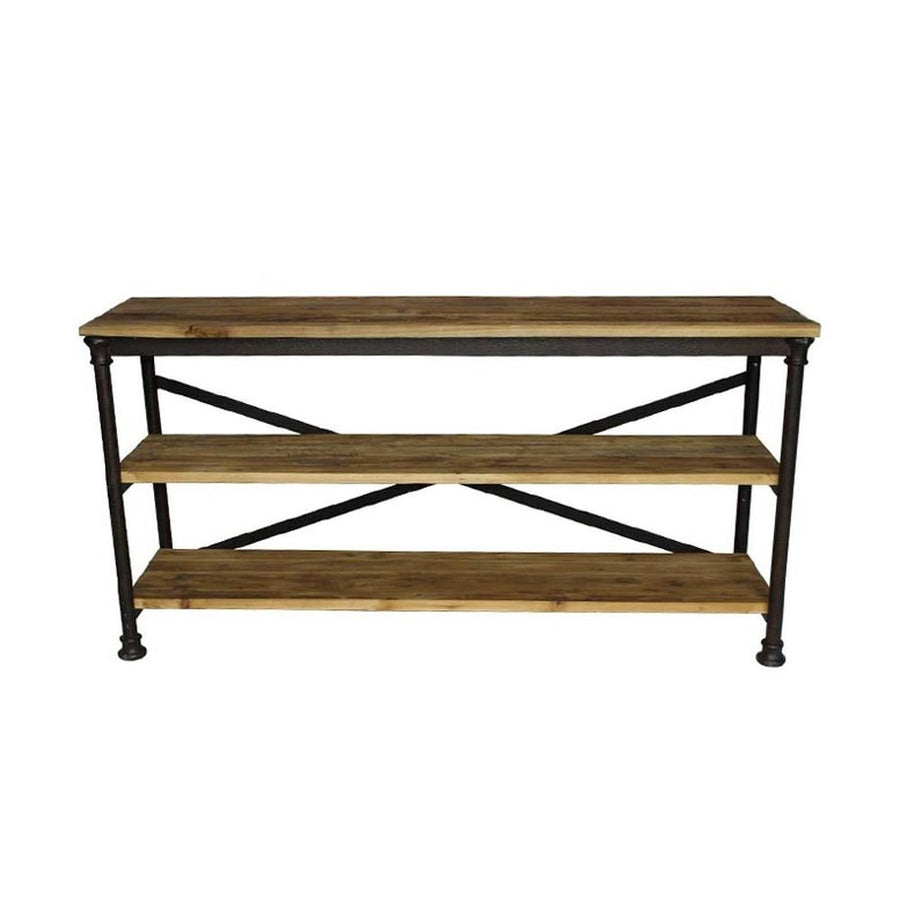 Loft stílusú fenyőfából készült polcos konzolasztal fém szerkezeten.