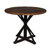 Újrahasznosított fából és vasból készült, 100 cm átmérőjű, loft stílusú étkezőasztal.