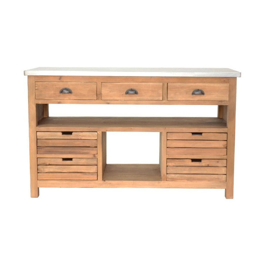 Újrahasznosított fenyőfából készült konyhai tálalóasztal cink fedlappal.