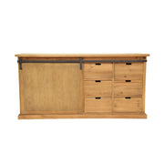 Vidéki stílusú, tolóajtós fenyőfa tálaló hat fiókkal.