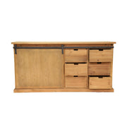 Vidéki stílusú, tolóajtós fenyőfa tálaló hat fiókkal.