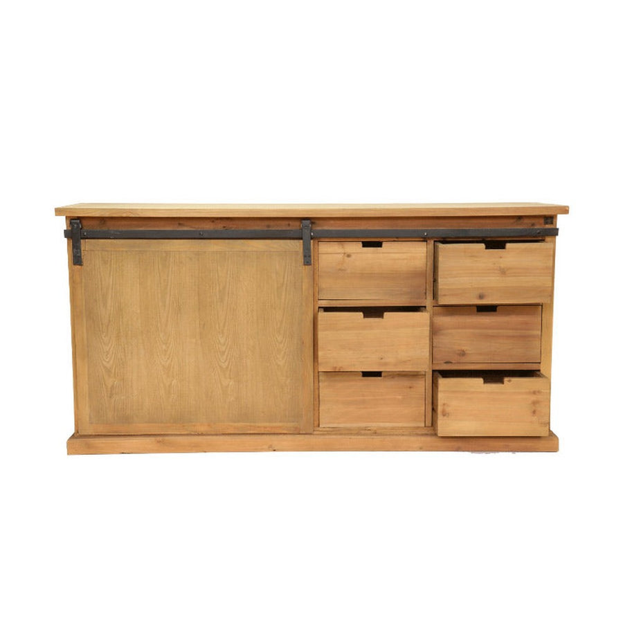 Vidéki stílusú, tolóajtós fenyőfa tálaló hat fiókkal.