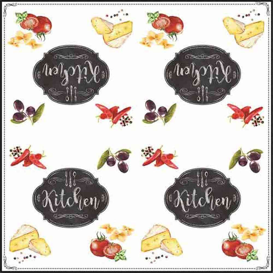 Fehér színű papírszalvéta zöldség motívumokkal és kitchen felirattal