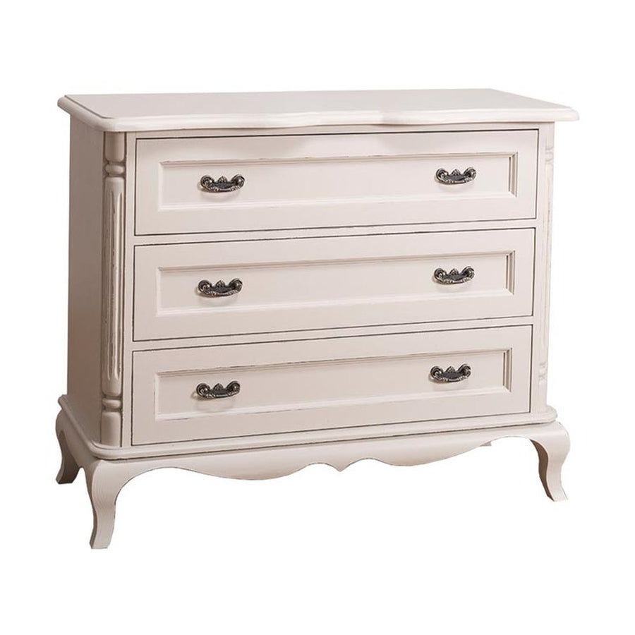 Shabby chic stílusú, fehér színű fenyőfa komód, három nagyméretű fiókkal.