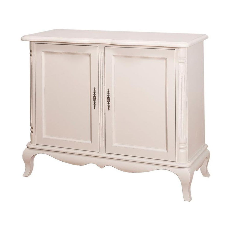 Shabby chic stílusú, fehér színű fenyőfa kisszekrény kétszárnyas ajtóval