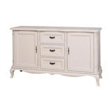Shabby chic stílusú, fehér színű fenyőfa komód, három fiókkal és két darab ajtós tárolóval.