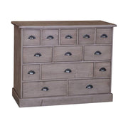 Klasszikus formatervezésű komód 13 eltérő nagyságú fiókkal. Színe szürkésbarna.