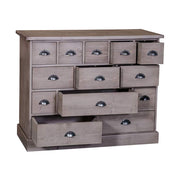Klasszikus formatervezésű komód 13 eltérő nagyságú fiókkal. Színe szürkésbarna.