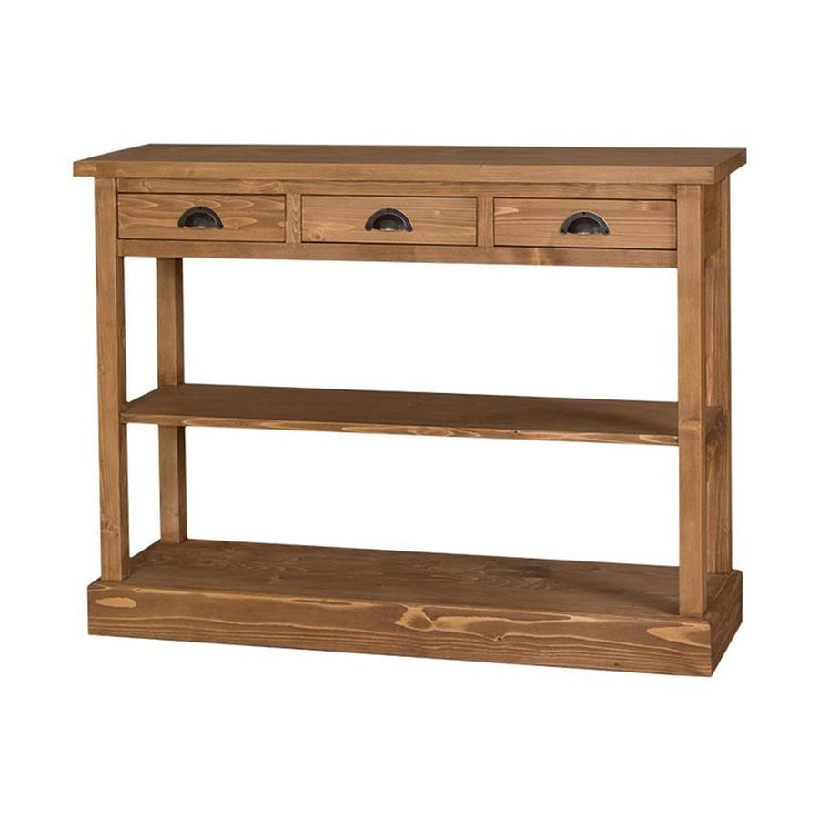 Country stílusú fenyőfa konzolasztal három fiókkal és két polccal. Színe: natúr.