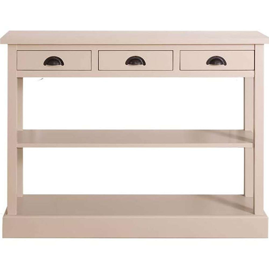 Country stílusú fenyőfa konzolasztal három fiókkal és két polccal. Színe: krémfehér.