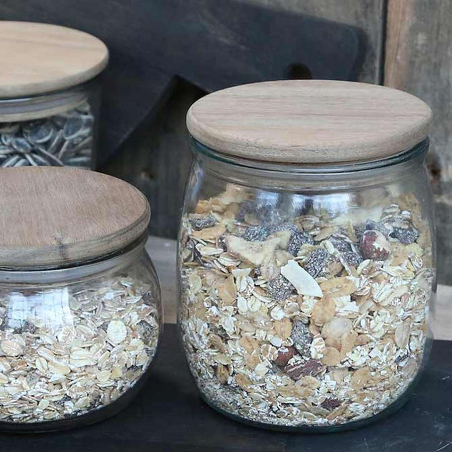 Öblös üvegű konyhai tároló akácfa tetővel