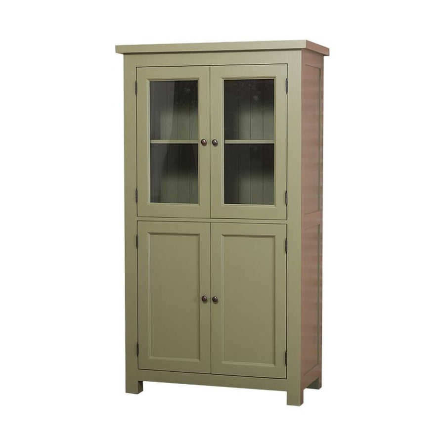 Country stílusú üveges konyhaszekrény négy polccal. Színe: olívazöld.