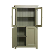Country stílusú üveges konyhaszekrény négy polccal. Színe: olívazöld.