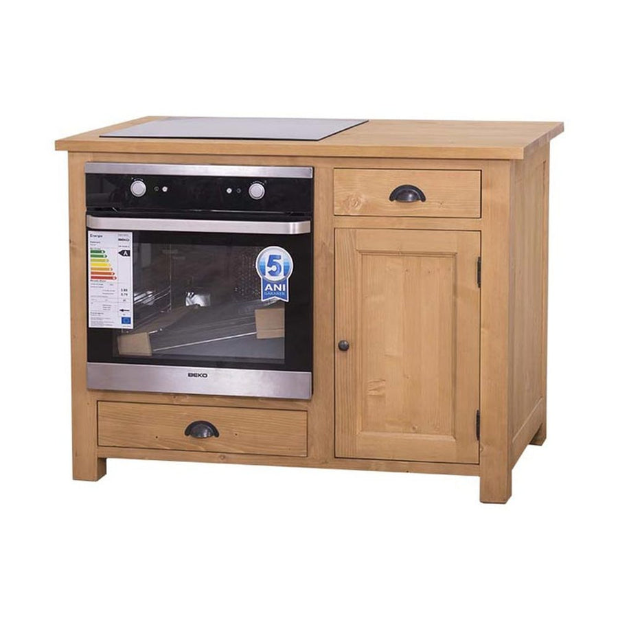 Country stílusú konyhaszekrény, melyen sütő és főzőlap számára van kialakítva hely. Színe: natúr lakk.