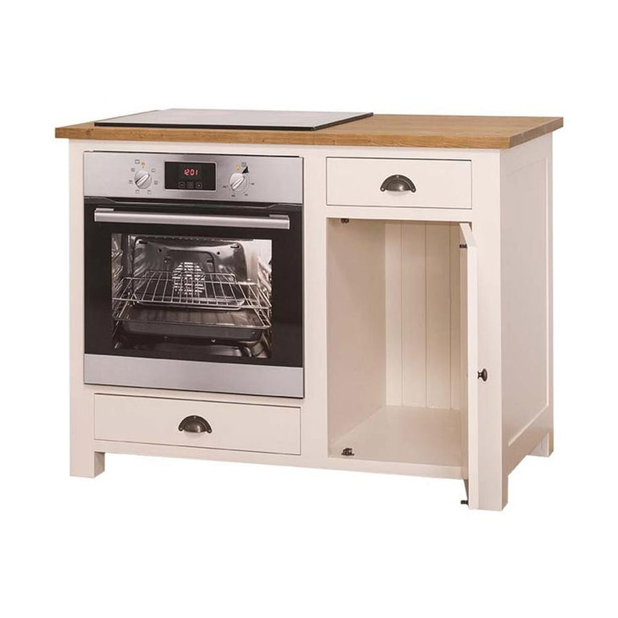 Country stílusú konyhaszekrény, melyen sütő és főzőlap számára van kialakítva hely. Színe: fehér és natúr.