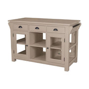 Country stílusú konyhasziget hat fiókkal, két oldalt üveges tárolóval, nyitott tárolóval.  Színe: törtfehér.