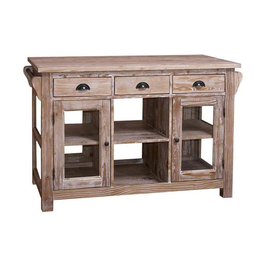 Country stílusú konyhasziget hat fiókkal, két oldalt üveges tárolóval, nyitott tárolóval. A bútort mélycsiszolásos technikával kezelték, így gyönyörűen kirajzolódnak rajta a fa erezetes mintái.