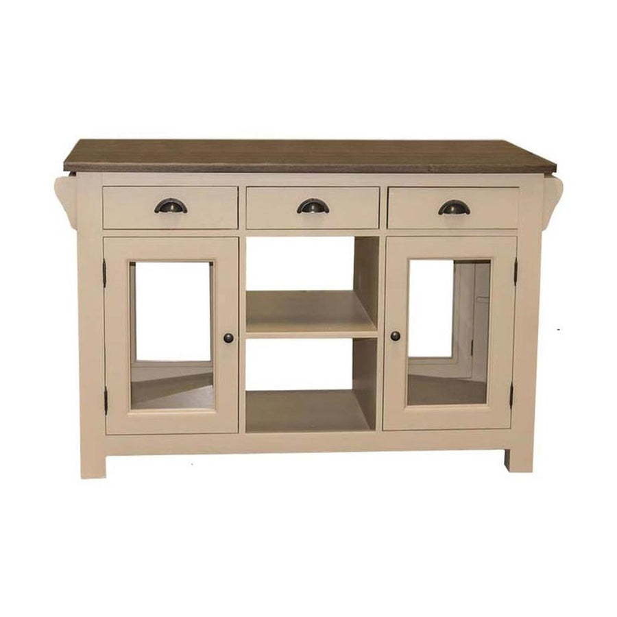 Country stílusú konyhasziget tölgyfa munkalappal. A tárolást hat fiók, két üveges és egy nyitott tároló segíti. Színe: krémfehér és barna.