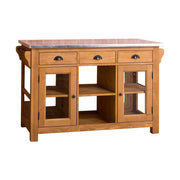 Country stílusú konyhasziget cinklap borítással. A tárolásról hat fiók, két üveges és egy nyitott tároló gondoskodik. Szine: natúr.