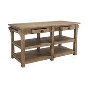 Country stílusú konyhasziget négy fiókkal és két polccal. A csiszolásnak köszönhetően gyönyörűen látszanak a fa erezetei.