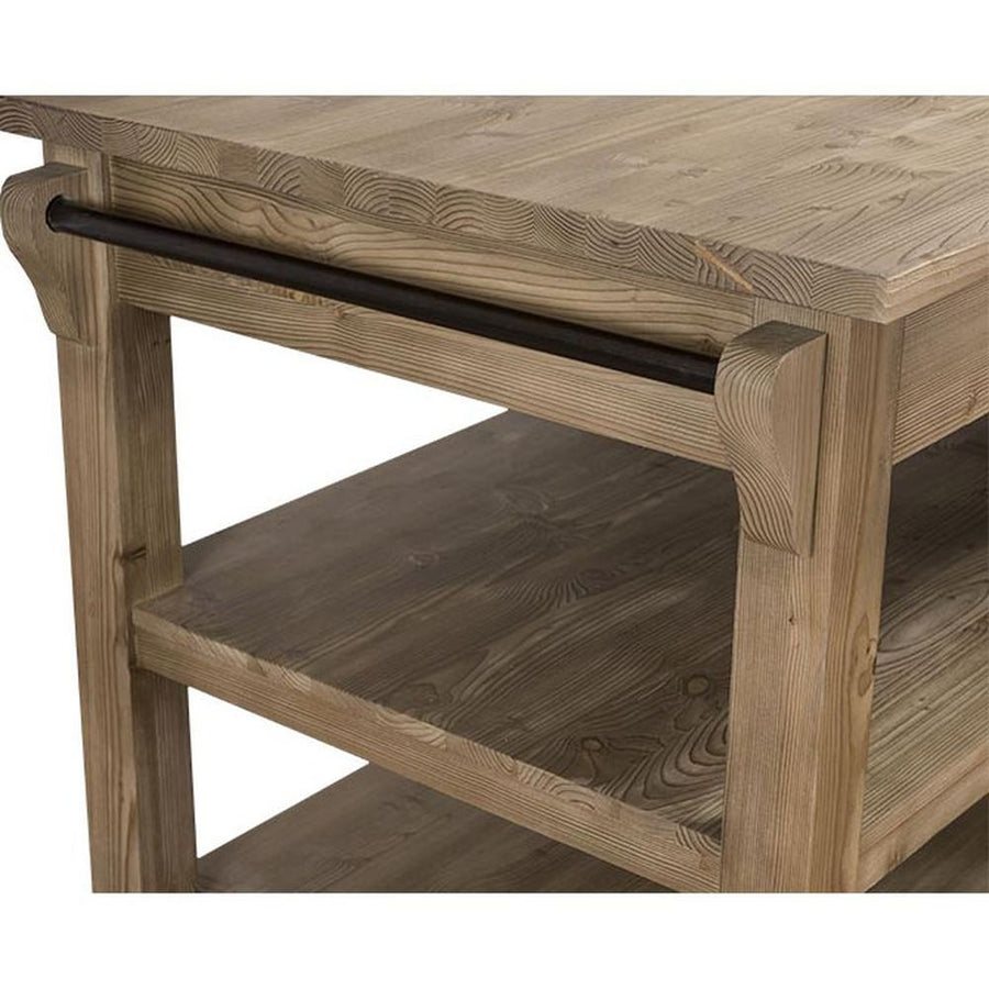 Country stílusú konyhasziget négy fiókkal és két polccal. A csiszolásnak köszönhetően gyönyörűen látszanak a fa erezetei.