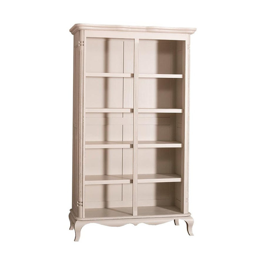 Shabby chic stílusú, fehér színű fenyőfa könyvespolc öt polccal.