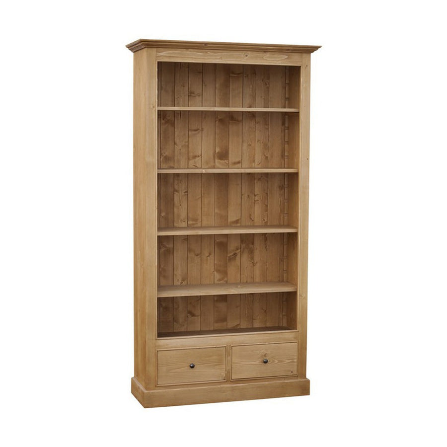 Natúr hatású, pácolt fenyőfa könyvszekrény négy polccal és két fiókkal.