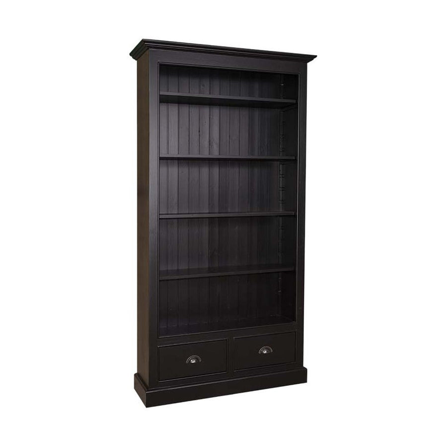 Fekete színű fenyőfa könyvszekrény négy polccal és két fiókkal.