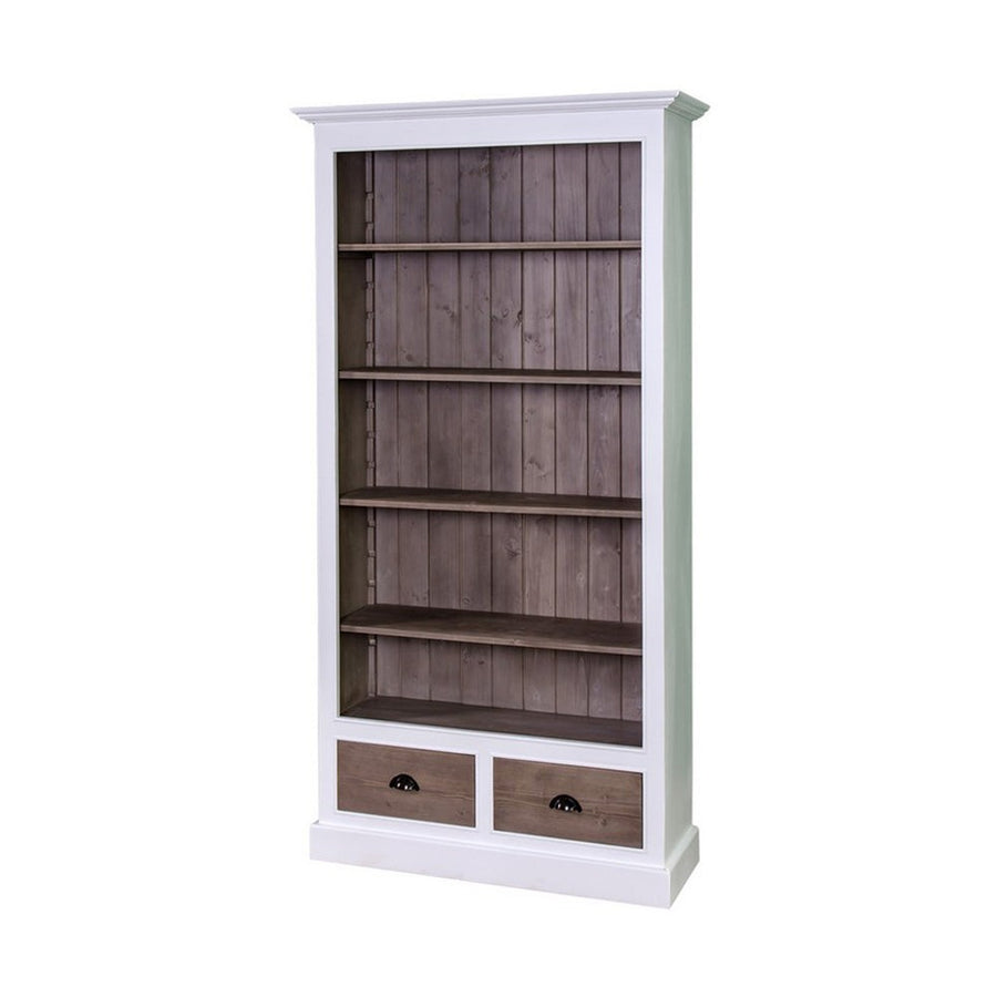 Fehér és natúr barna színű könyvszekrény négy polccal és két fiókkal.