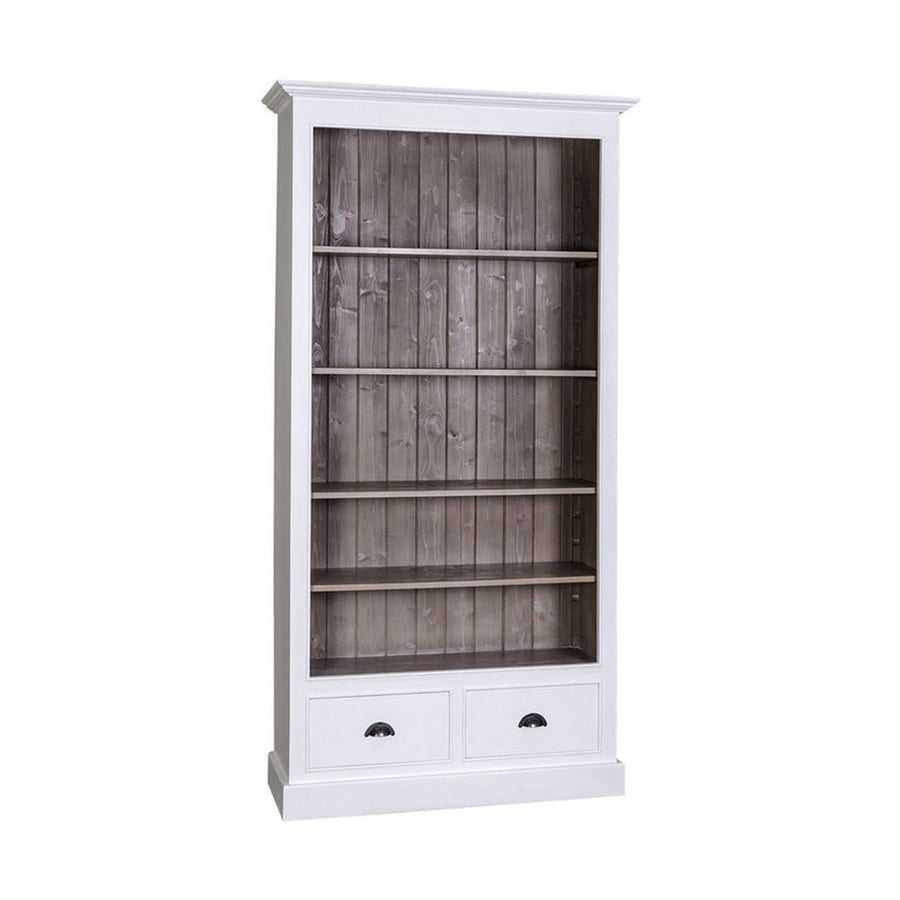 Fehér és szürkésbarna színű, fenyőfa könyvszekrény négy polccal és két fiókkal.