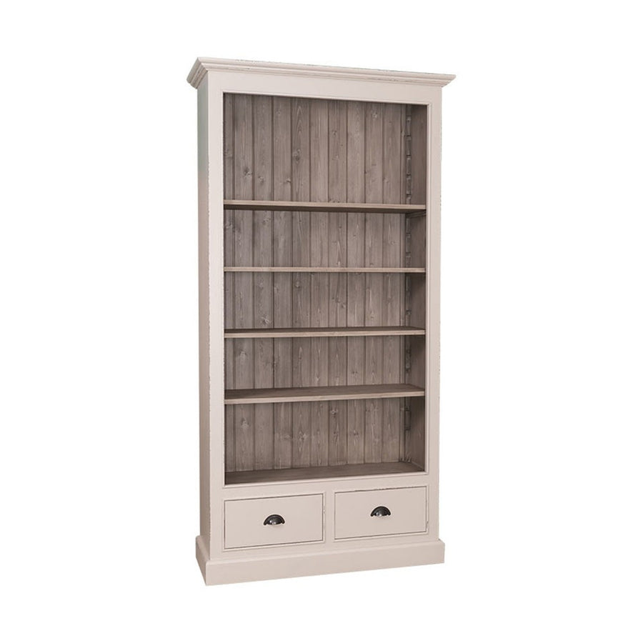 Bézs és szürkésbarna színű könyvszekrény négy polccal és két fiókkal.