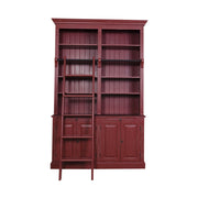 Antikolt vörös színű, klasszikus stílusú könyvesszekrény négy polccal és kétszer kétajtós tárolóval a bútor alján.
