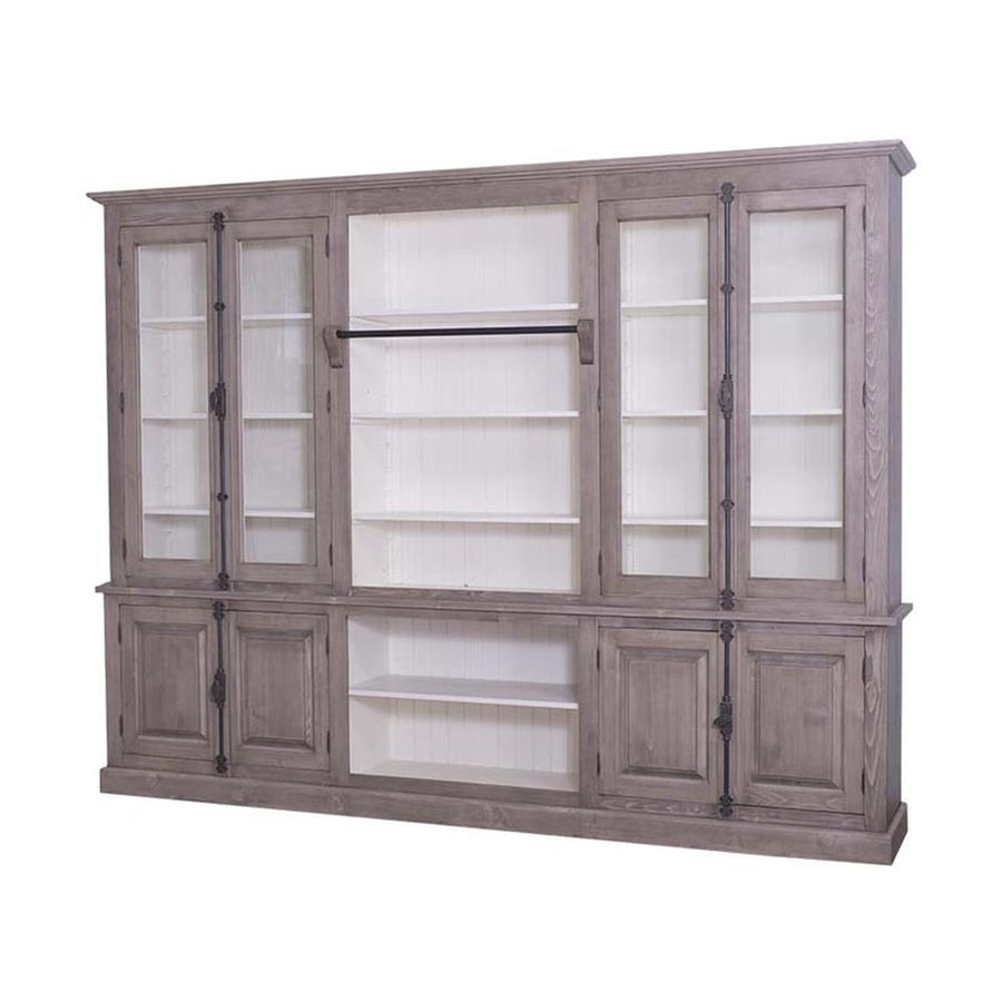 Prémium, nagyméretű fenyőfa vitrin-könyvszekrény. A felső részen két darab, kétszárnyú üveges ajtó található a két szélén, középen nyitott polc van. Az alsó részén két darab, tömör fából készült kétárnyas ajtó, valamint középen nyitott polc található. A bútor színe pácolt szürke kívülről, és fehér belülről