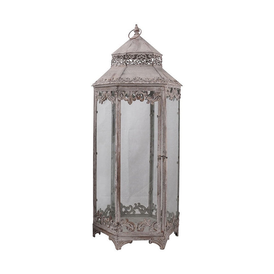 Óriás méretű, 45, 70 és 95 cm magas, antik szürke színű patinás fémből készült, fémcsipkével díszített vintage stílusú 3 darabos lámpásszett