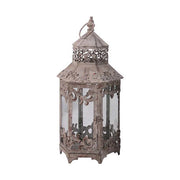 Óriás méretű, 45, 70 és 95 cm magas, antik szürke színű patinás fémből készült, fémcsipkével díszített vintage stílusú 3 darabos lámpásszett