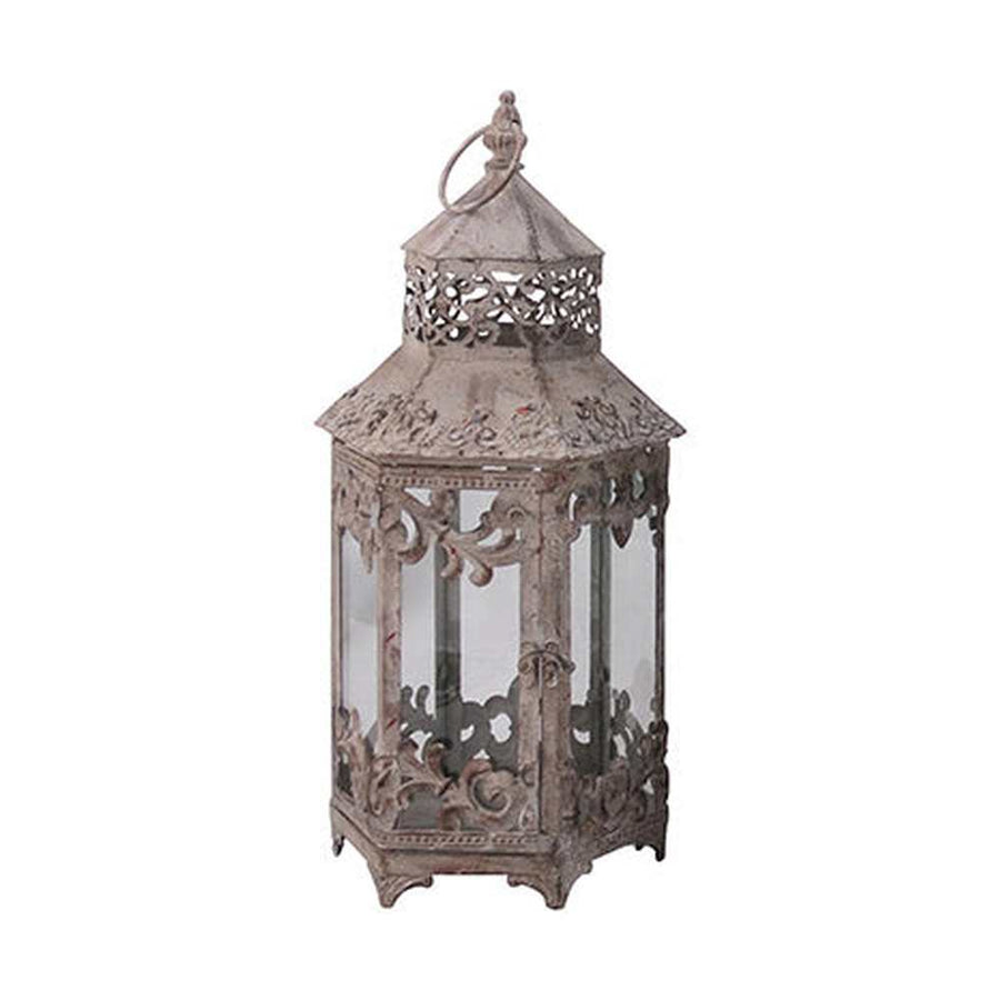 Óriás méretű, 45, 70 és 95 cm magas, antik szürke színű patinás fémből készült, fémcsipkével díszített vintage stílusú 3 darabos lámpásszett