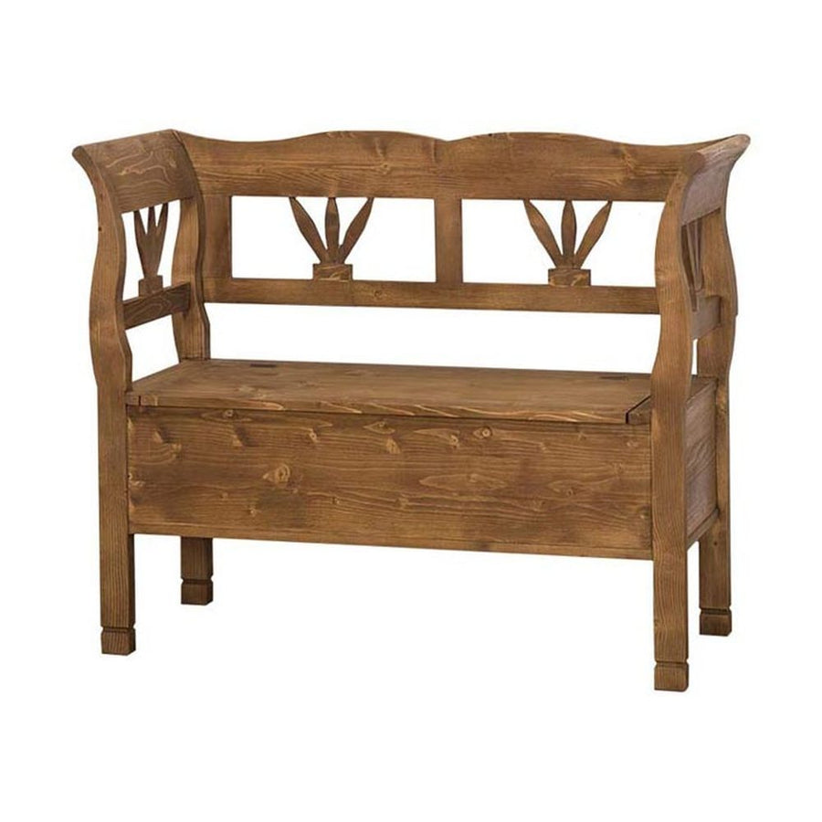 Country stílusú fenyőfa lóca, stilizált tulipán motívumokkal. Színe pácolt natúr.