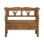 Country stílusú fenyőfa lóca, stilizált tulipán motívumokkal. Színe pácolt natúr.