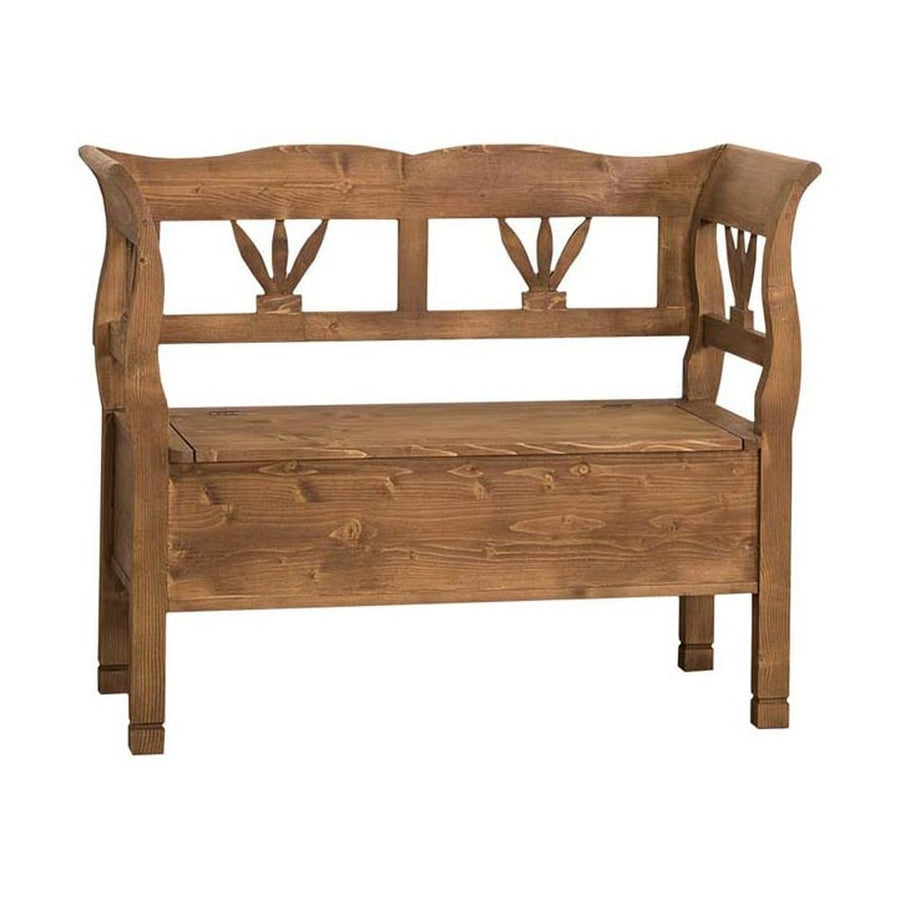 Country stílusú fenyőfa lóca, stilizált tulipán motívumokkal. Színe pácolt natúr.