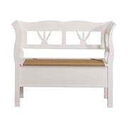 Country stílusú fenyőfa lóca tölgyfa ülőlappal, stilizált tulipánmotívummal díszítve. Színe fehér és pácolt natúr.