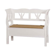 Country stílusú fenyőfa lóca tölgyfa ülőlappal, stilizált tulipánmotívummal díszítve. Színe fehér és pácolt natúr.