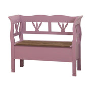 Country stílusú fenyőfa lóca tölgyfa ülőlappal, stilizált tulipánmotívummal díszítve. Színe rózsaszín és pácolt natúr.