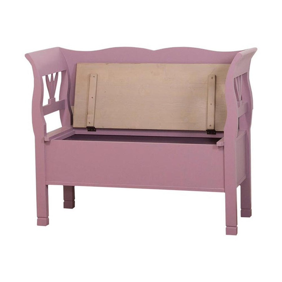 Country stílusú fenyőfa lóca tölgyfa ülőlappal, stilizált tulipánmotívummal díszítve. Színe rózsaszín és pácolt natúr.