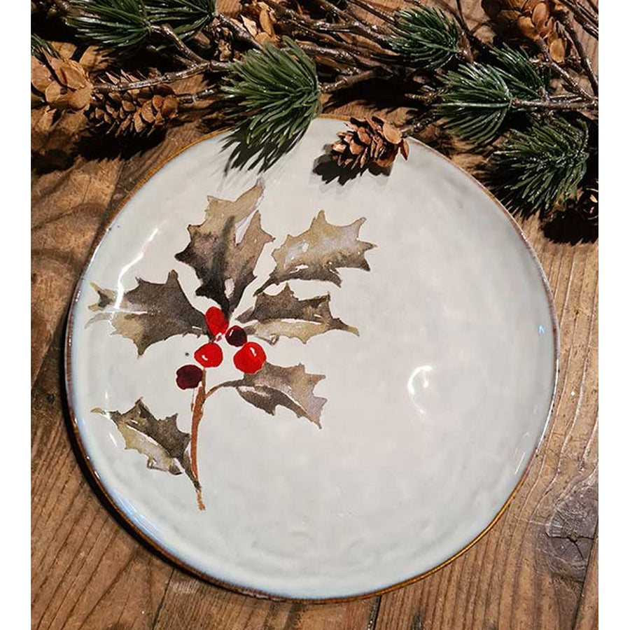 Skandináv stílusú, kézműves kerámia desszerttányér magyal díszítéssel..