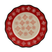 Skandináv stílusú, kézműves kerámia desszerttányér stilizált virágmotívum díszítéssel