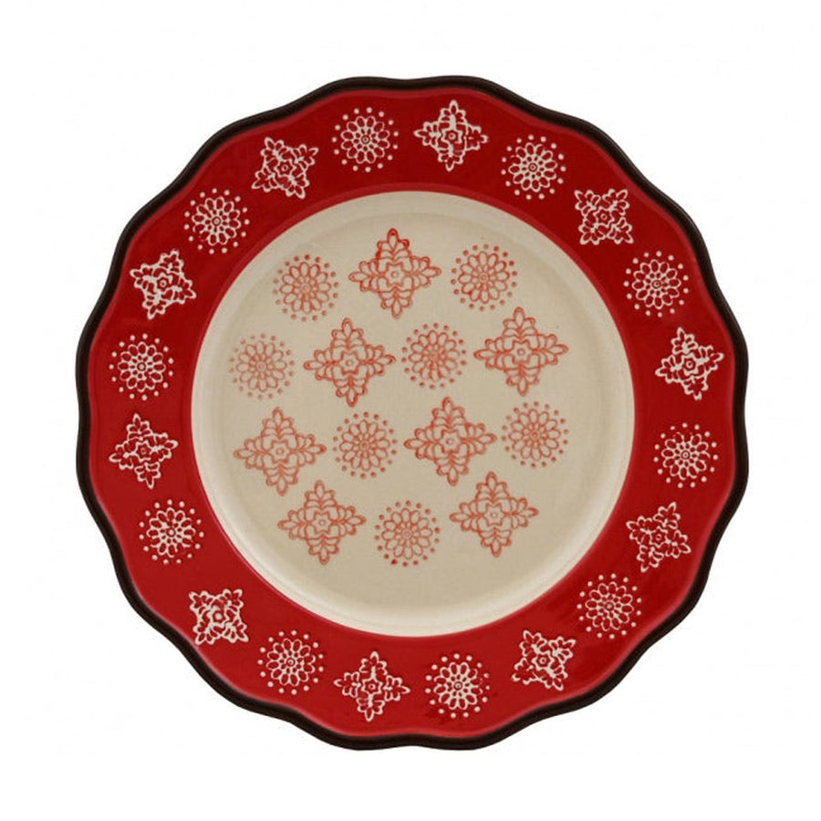 Skandináv stílusú, kézműves kerámia desszerttányér stilizált virágmotívum díszítéssel