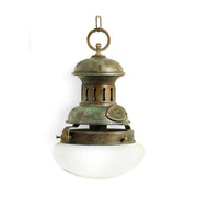 Vintage stílusú, antikolt sárgaréz színű, rézből készült függeszték, opál üvegbúrával.